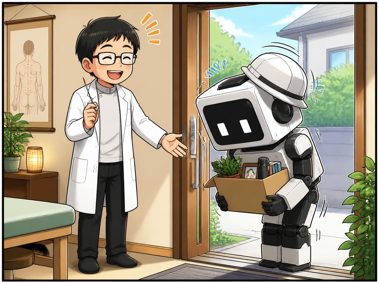 白衣の社長が、ヘルメットの少し斜めな四角いロボットを出迎えている