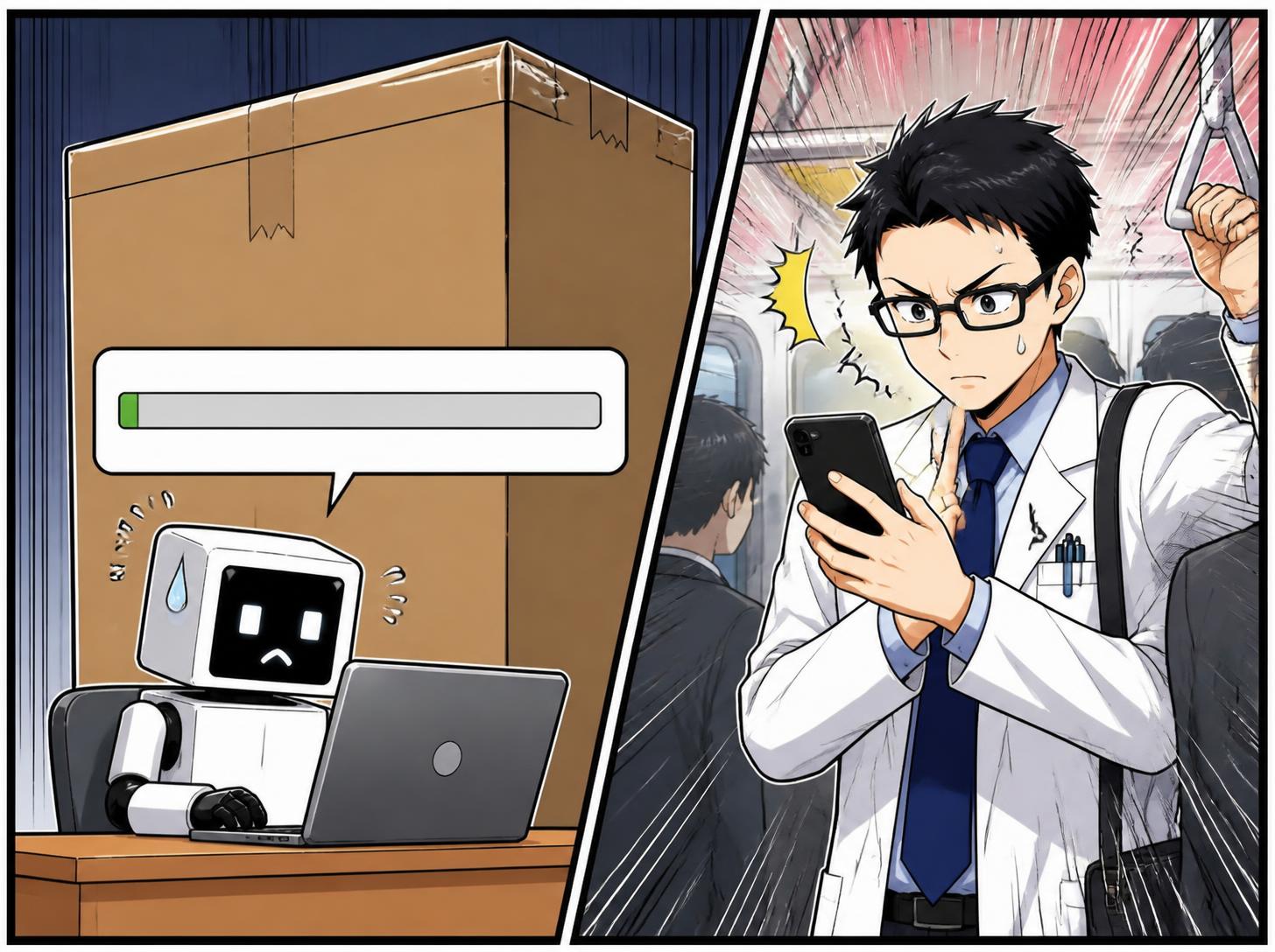 出先の社長がスマホを見て固まり、四角いロボットが巨大な荷物とダウンロードの前で困っている