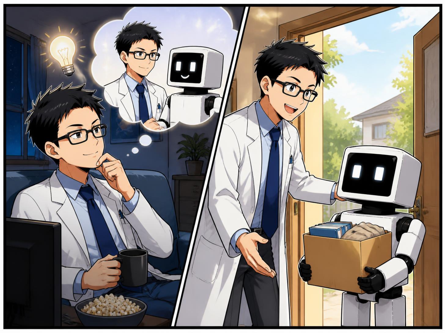 映画を見てひらめいた社長のもとへ、四角いロボットが荷物を持ってやってくる