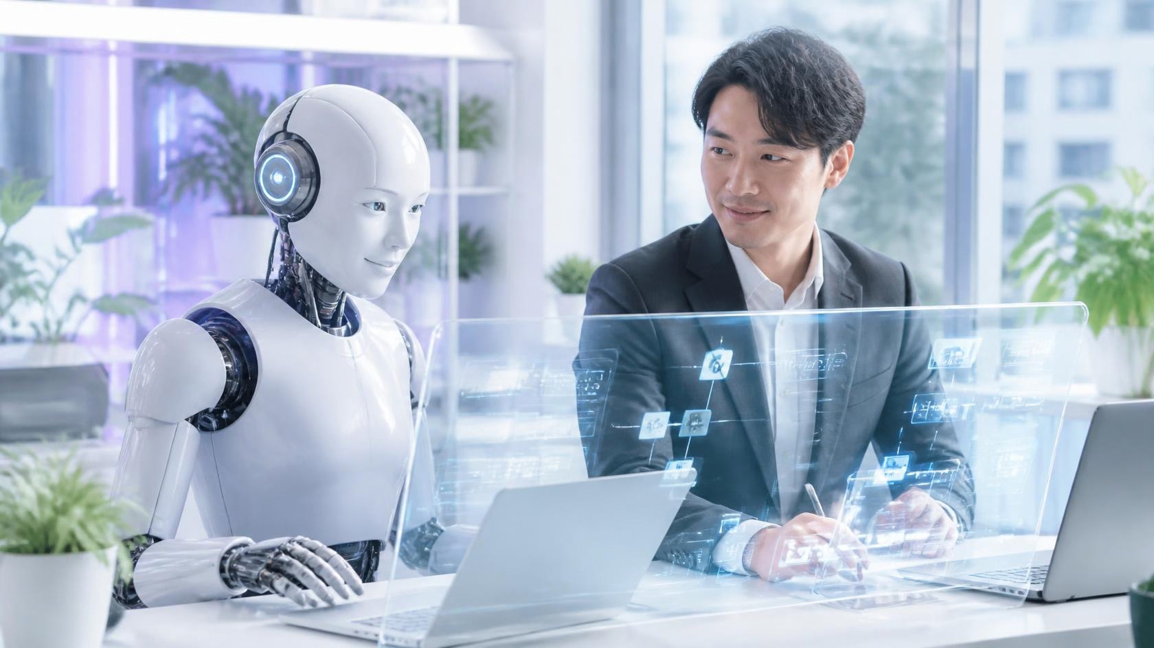 人型ロボットと社員が並んでパソコンに向かう