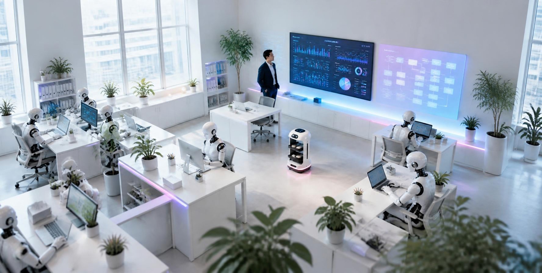 社長ひとりとロボットの社員が働く明るいオフィス